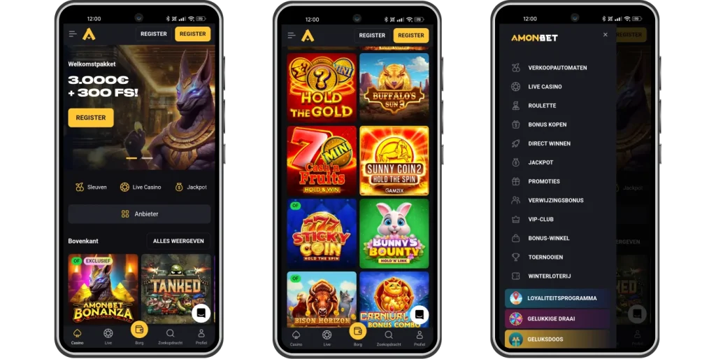Interface de la version mobile et application de Amonbet Casino.