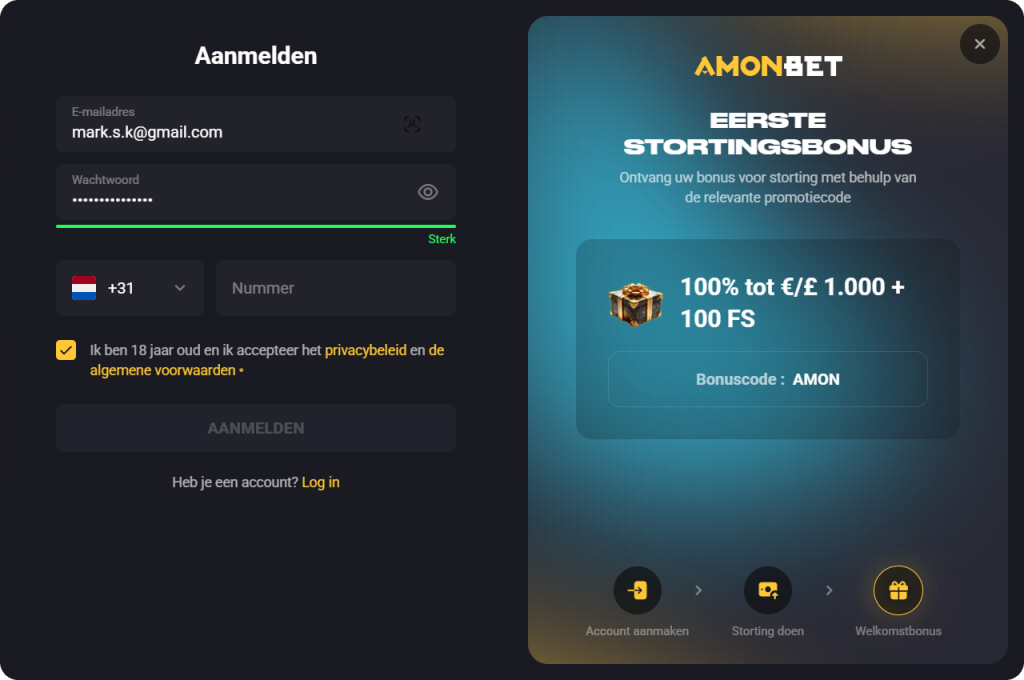 Formulaire d'inscription rapide pour créer un compte sur Amonbet Casino.